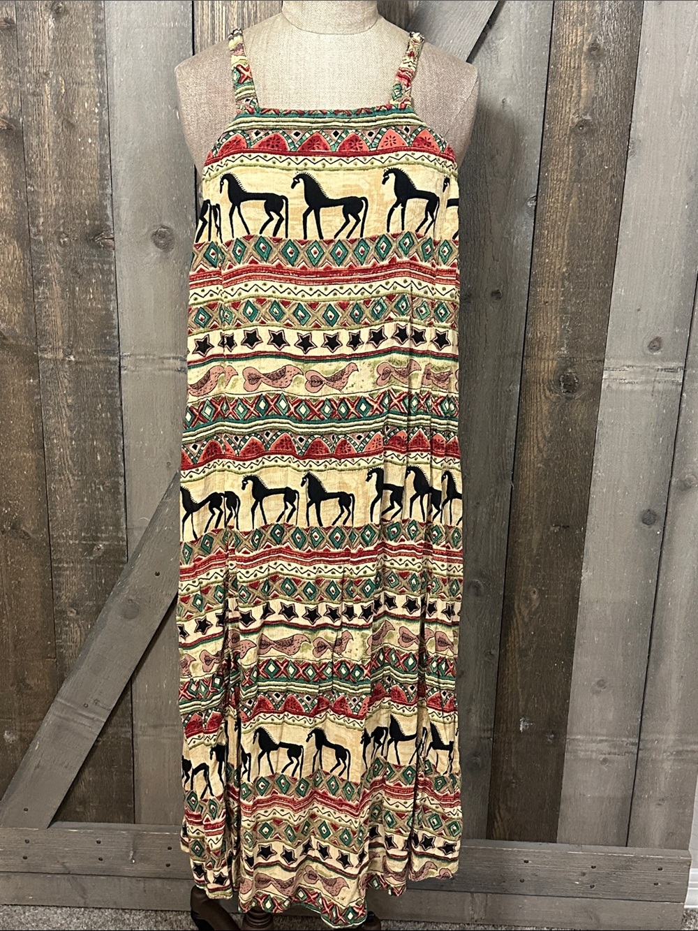 Vintage Horse Print Rayon Sundress Boho Southwestern Festival Midi Dress S
